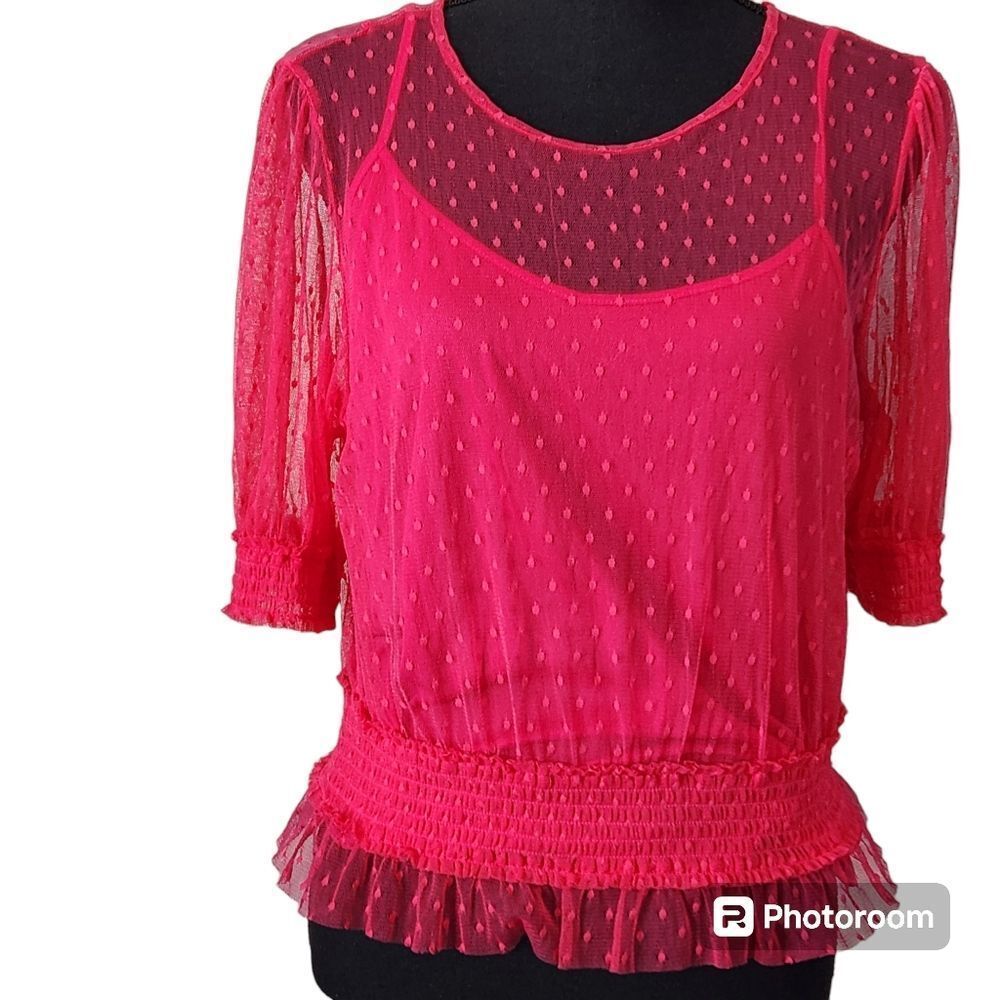 Semi Sheer Polka-Dot Tulle Blouse/Tank HOT PINK Feminine Romantic 90s Y2K - Picture 4 of 10